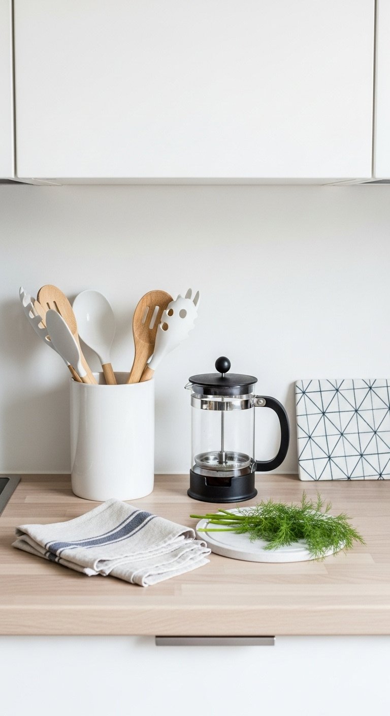 Bright Scandi-chic kitchen: white ceramic utensil holder, wood utensils, glass coffee press, and a striped linen towel.