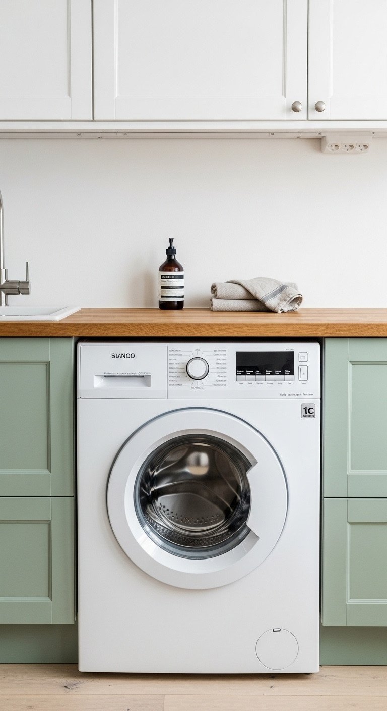 Bright Scandinavian kitchen: compact front-loading washing machine tucked under a light butcher block countertop nook. Towel & hand soap.