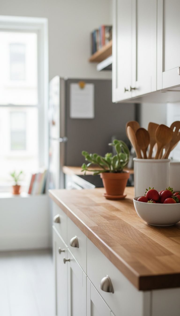 Bright, airy apartment kitchen featuring pristine white cabinets, warm butcher block countertop, green plant, and ceramic utensil holder.