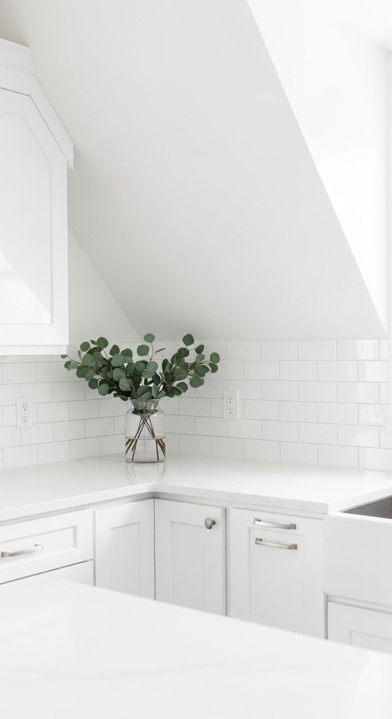 Bright all-white attic kitchen corner with glossy cabinets, white quartz counter, subway tile backsplash. Slanted white walls, eucalyptus leaves.