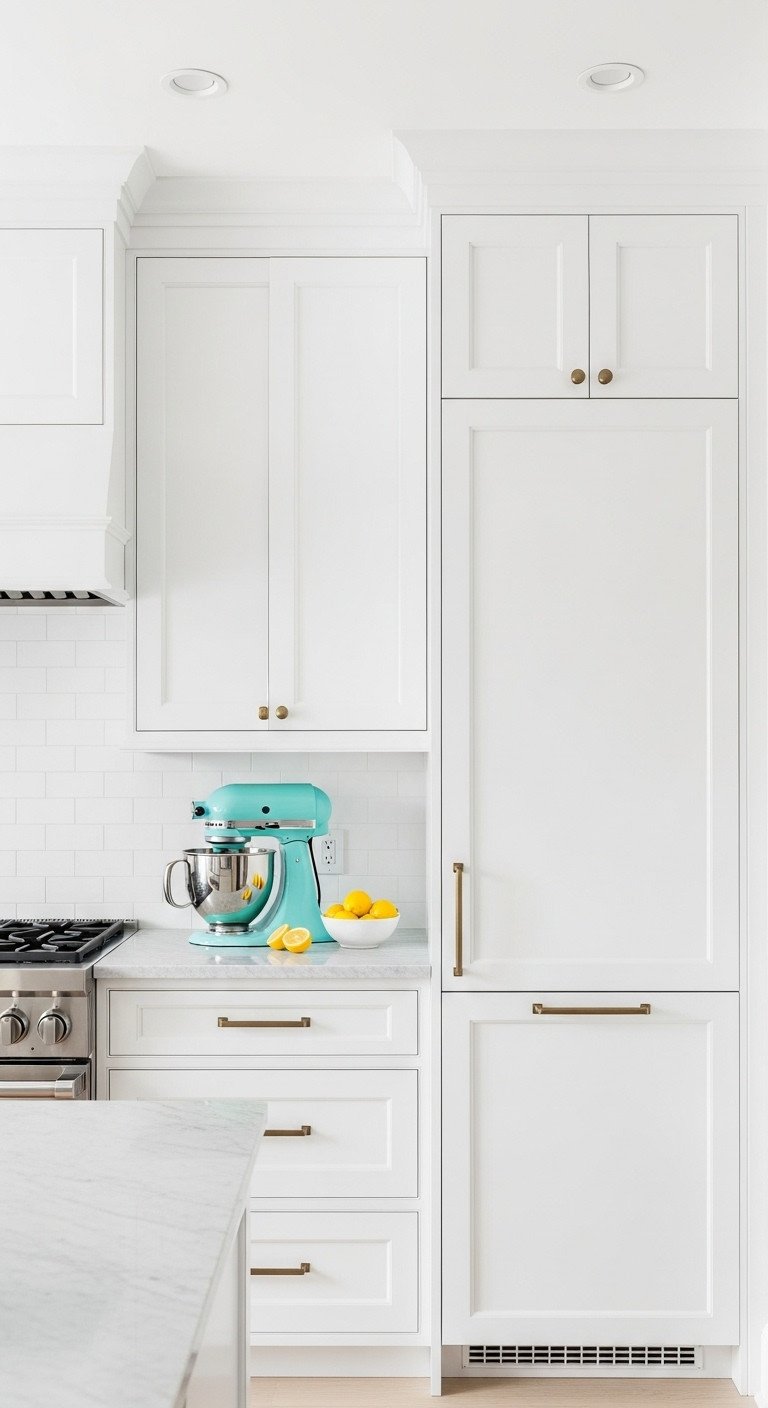 Bright and open all white modern apartment kitchen with a vibrant turquoise stand mixer and fresh lemons on a light grey marble countertop