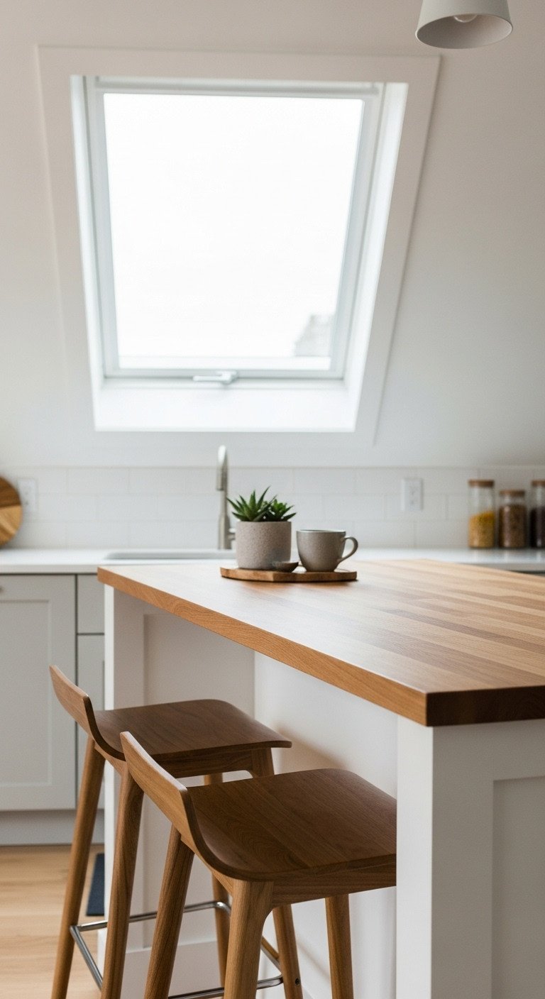 Bright attic kitchen with a butcher block breakfast bar under a VELUX skylight, modern wooden stools, and light grey cabinets. Potted succulent, coffee mug.