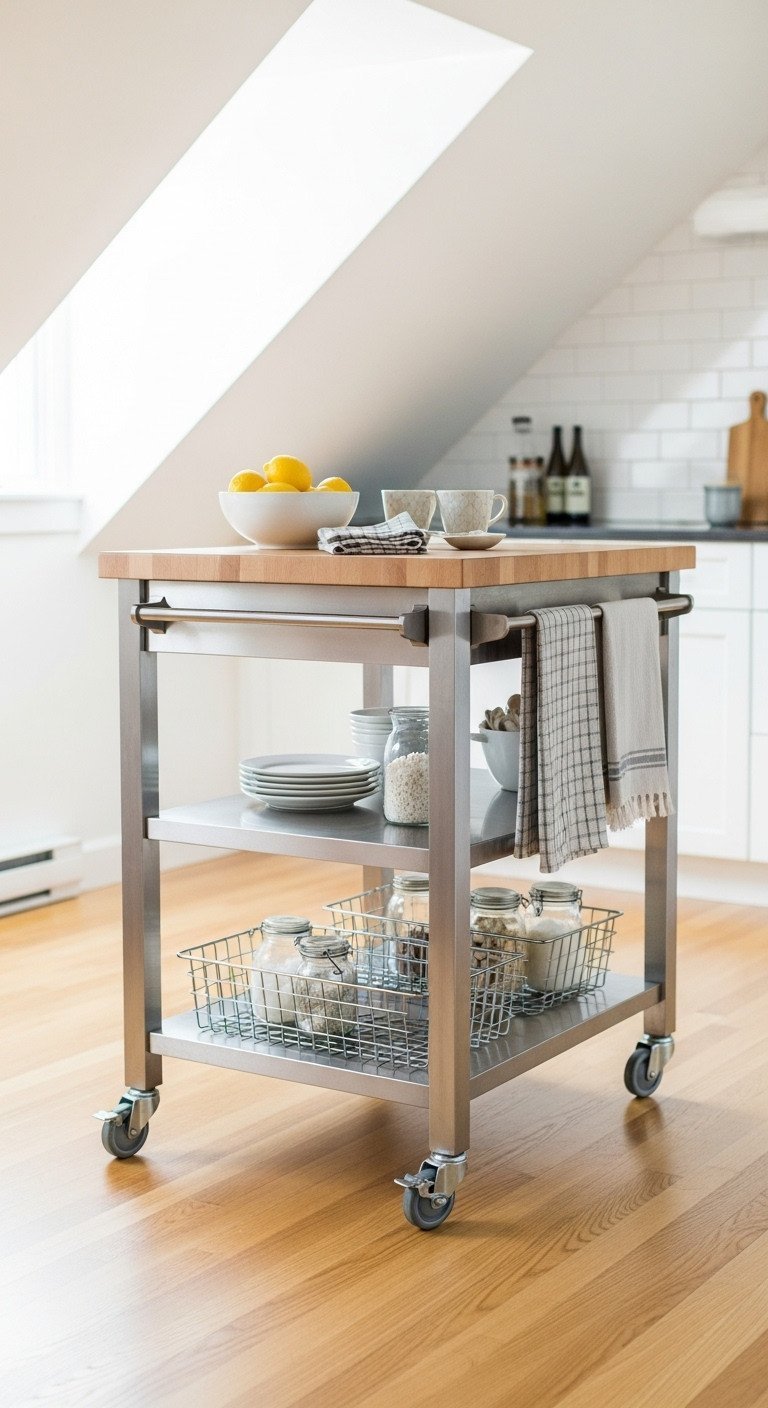 Bright attic kitchen with a mobile stainless steel island, butcher block top, open shelving, and wire baskets. Light oak floor, bowl of lemons.