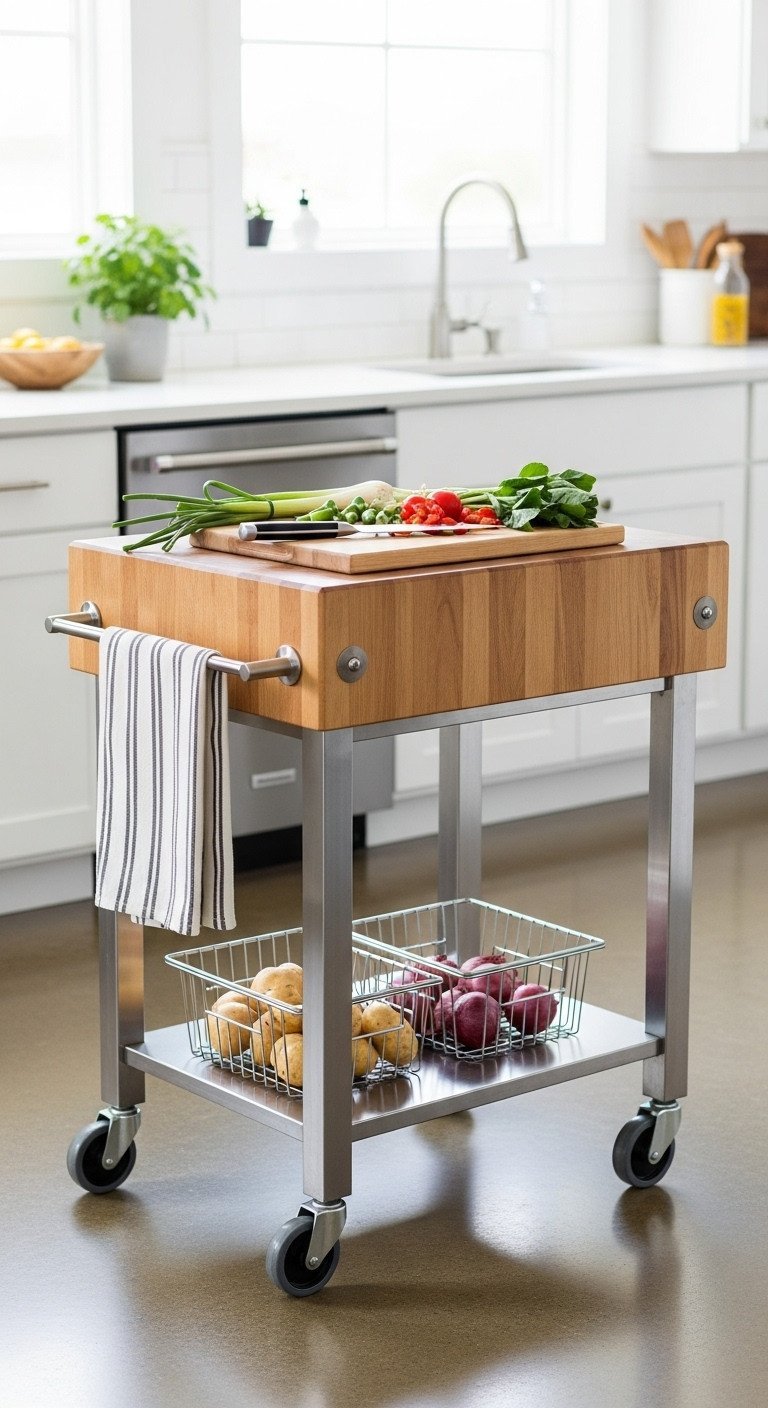 Bright, functional kitchen featuring a stainless steel rolling butcher block cart with knife and vegetables. Modern white cabinets.