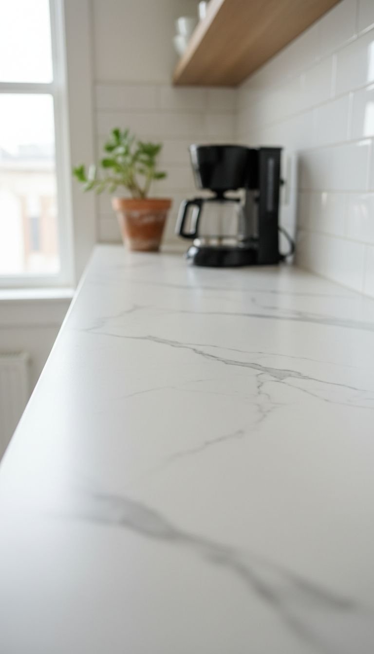Bright kitchen countertop featuring matte Calacatta marble contact paper with subtle grey veining, a black coffee maker, and green plant.