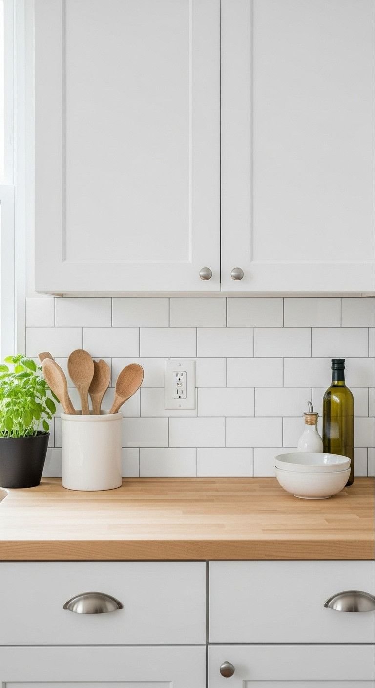Bright kitchen features new white subway tile peel-and-stick backsplash with light gray grout above a butcher block counter, enhanced by subtle decor.