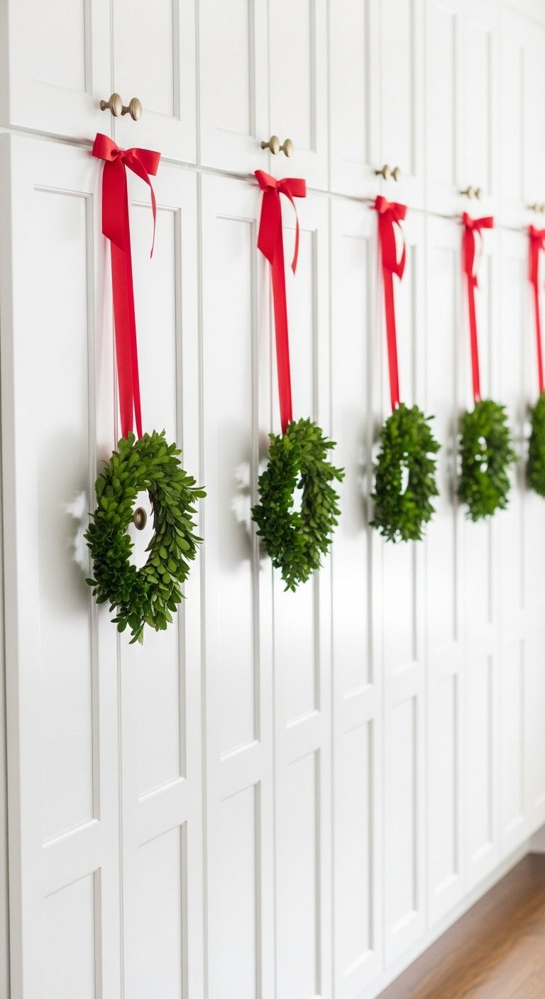 Bright kitchen mini boxwood wreaths white shaker cabinet doors red satin ribbon festive Christmas decor