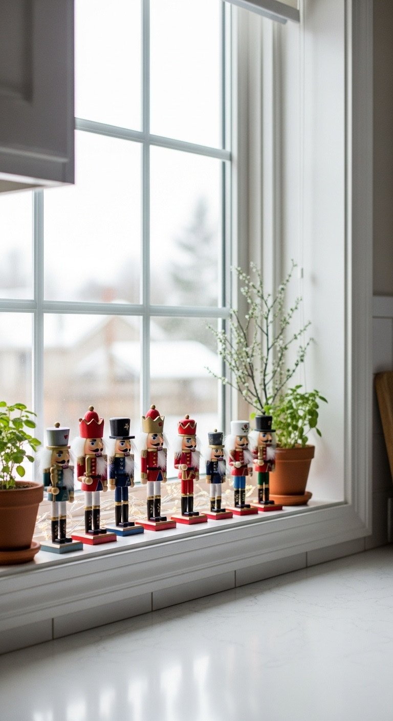 Bright kitchen window sill showcasing a cheerful row of miniature nutcrackers, LED fairy lights, and potted herbs. Vibrant Christmas holiday decor.