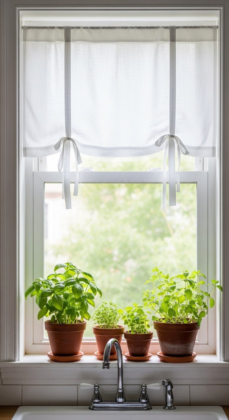 Bright kitchen window with simple white cafe curtain on tension rod and small potted herbs on the windowsill basking in sunlight