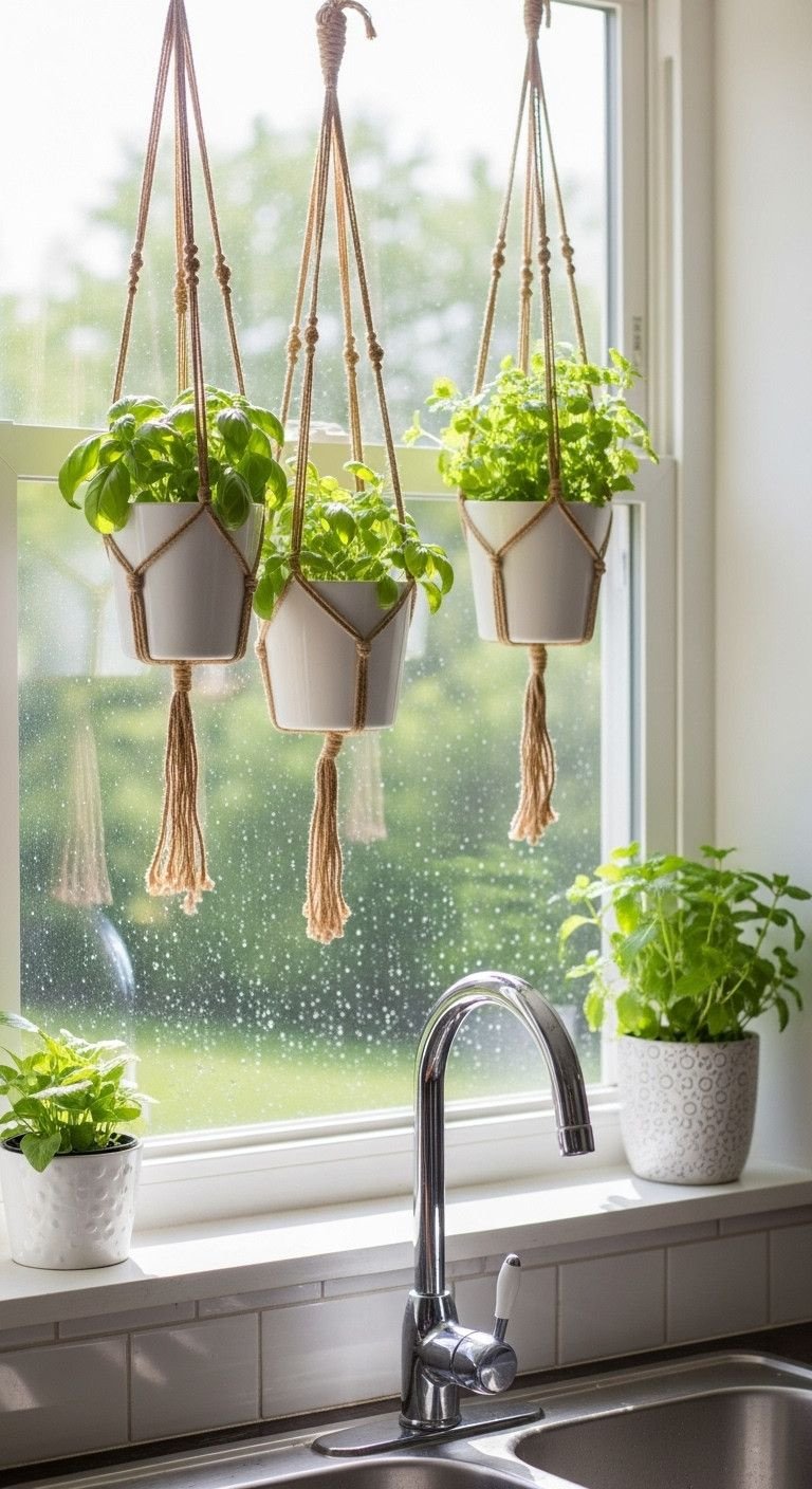 Effortless Farmhouse Kitchen Ideas For Any Apartment 17 Bright kitchen window with small white ceramic hanging planters holding fresh herbs like basil and mint, above a simple sink. Indoor garden decor.
