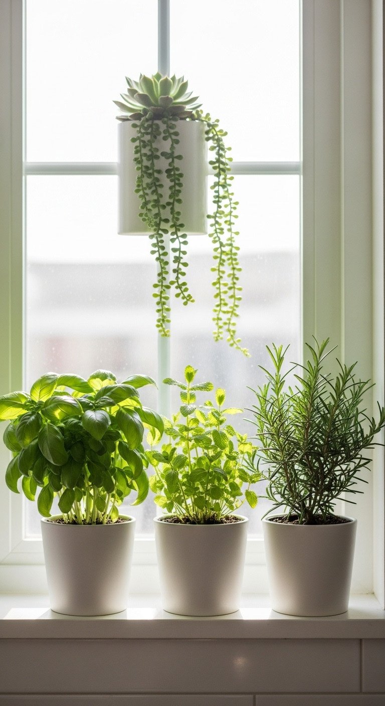 Bright kitchen windowsill with a mini herb garden of basil, mint, rosemary, and a trailing succulent in white ceramic pots
