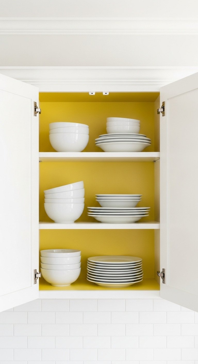 Bright lemon yellow painted interior of white kitchen cabinet with stacked ceramic plates. DIY accent decor.