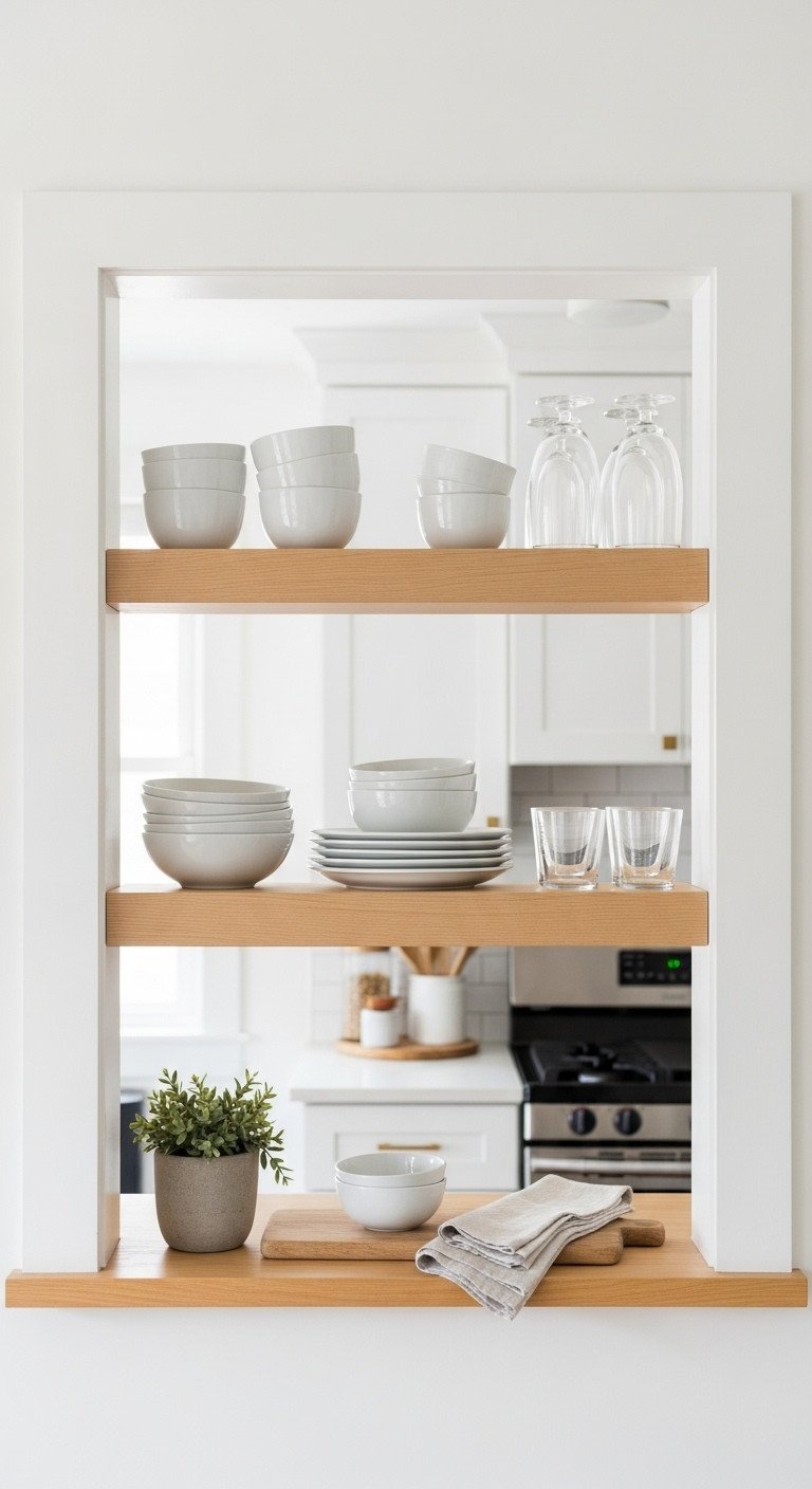 Bright minimalist kitchen pass-through with light-wood floating shelves, white dishes, clear glasses, potted succulent. DIY home decor.