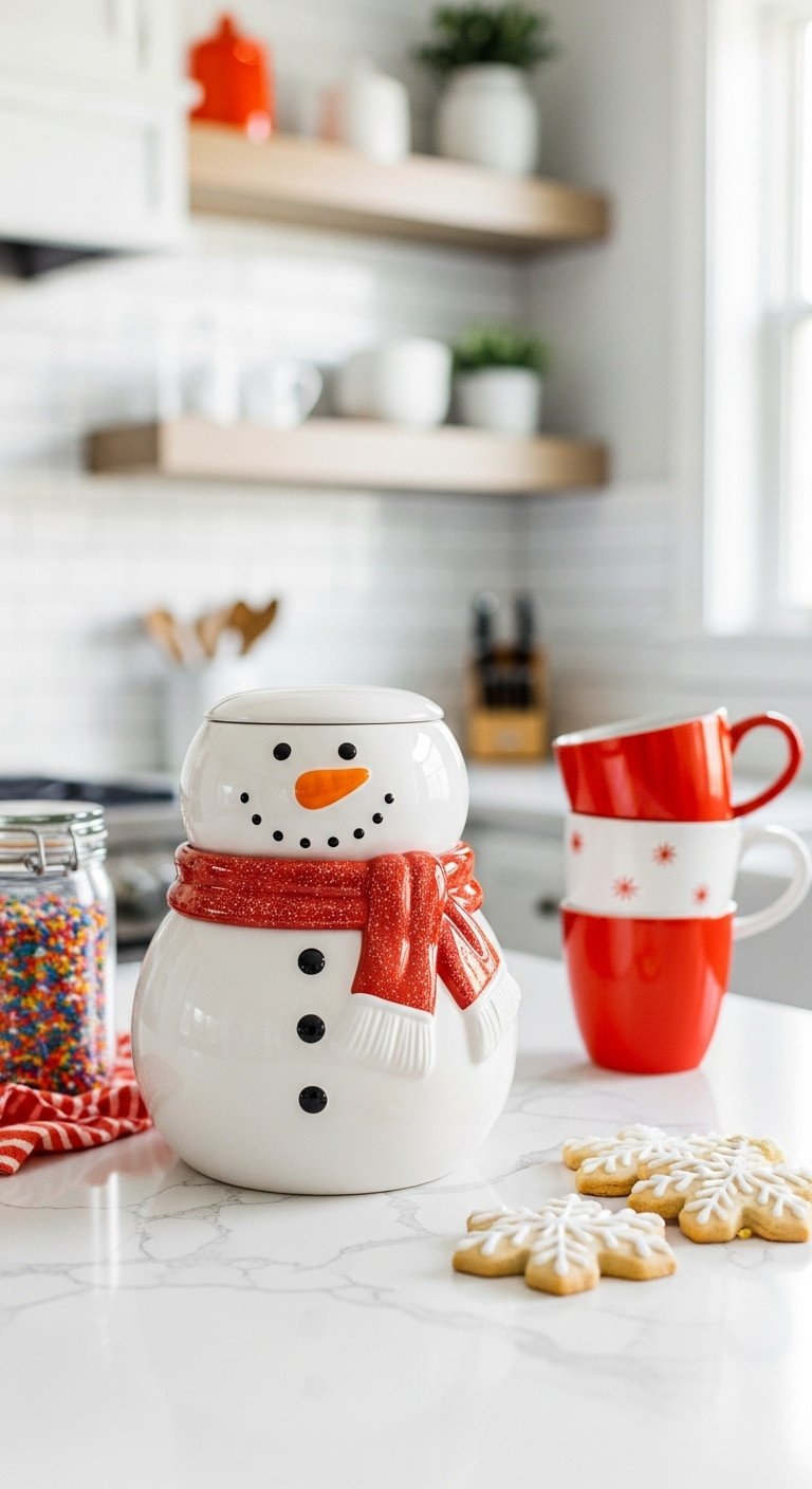 Bright modern farmhouse kitchen with whimsical snowman cookie jar with carrot nose and fabric scarf on a white quartz countertop