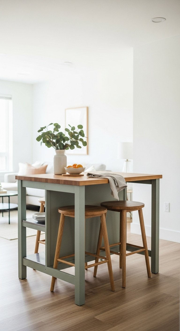 9 Open Concept Kitchen Ideas To Maximize Your Apartment Space 1 Bright, open concept kitchen with sage green island, butcher block top, two wooden stools, light oak LVP flooring.
