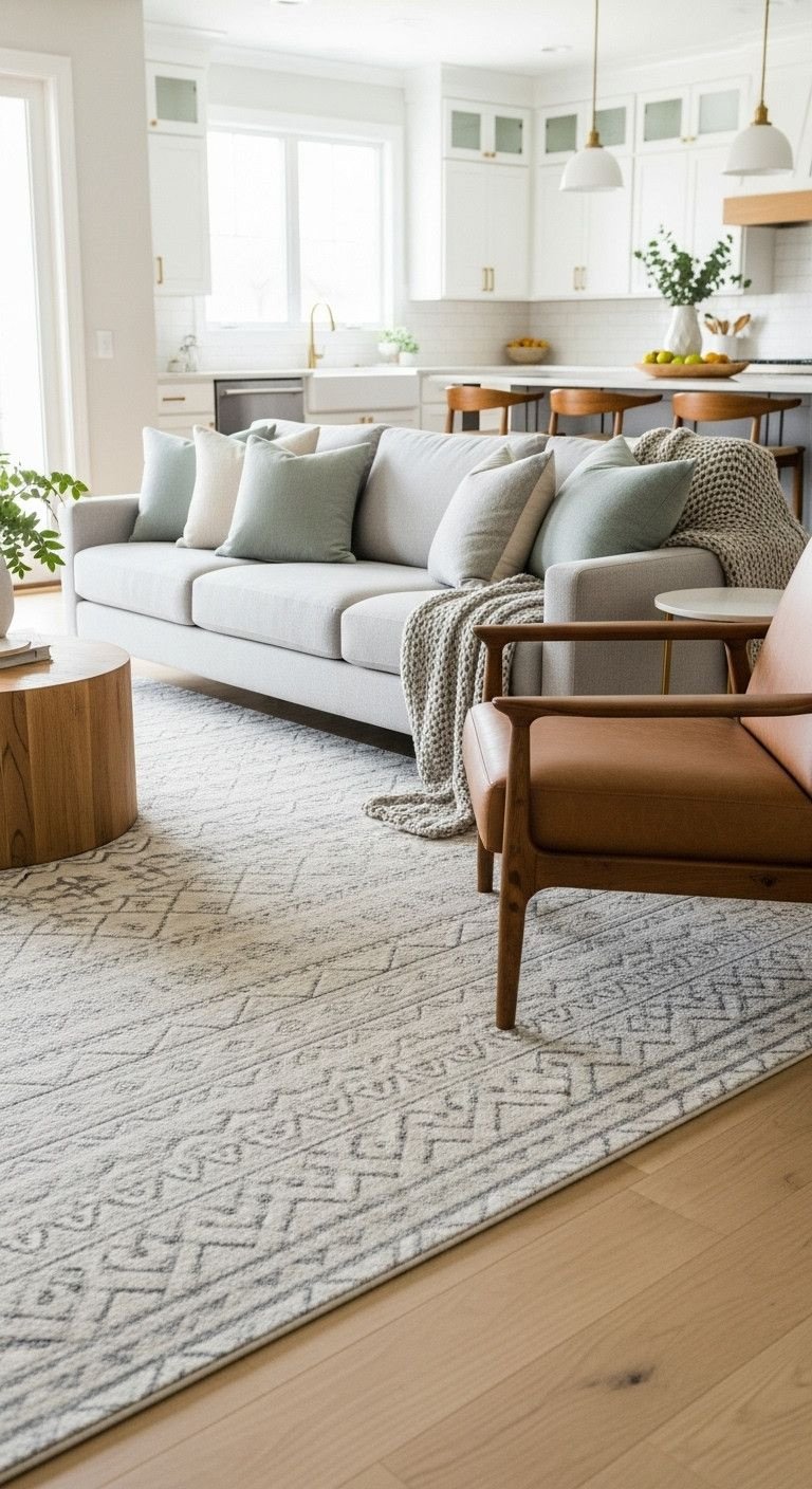 13 Genius Open Concept Apartment Ideas To Create Perfect Flow 1 Bright open living room: neutral geometric rug, gray sectional, leather chair, wood coffee table. Modern, airy interior design.