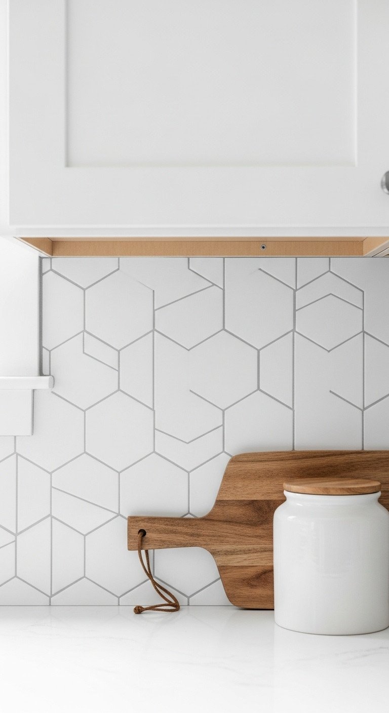 Bright rental kitchen with a newly installed white hexagonal peel and stick backsplash behind a wooden cutting board and ceramic canister