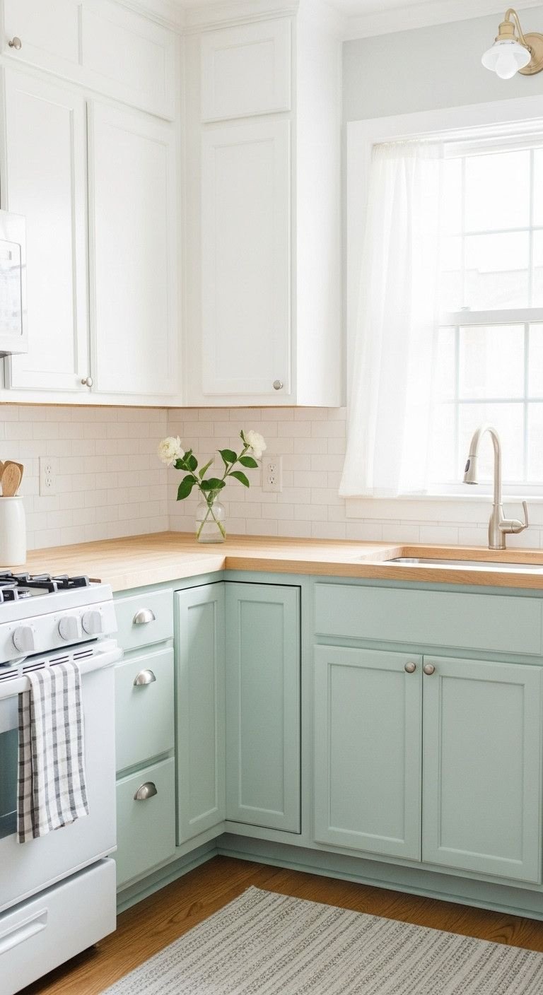 Bright small kitchen design: light sage green cabinets, white walls, and wood counter create a spacious feel.