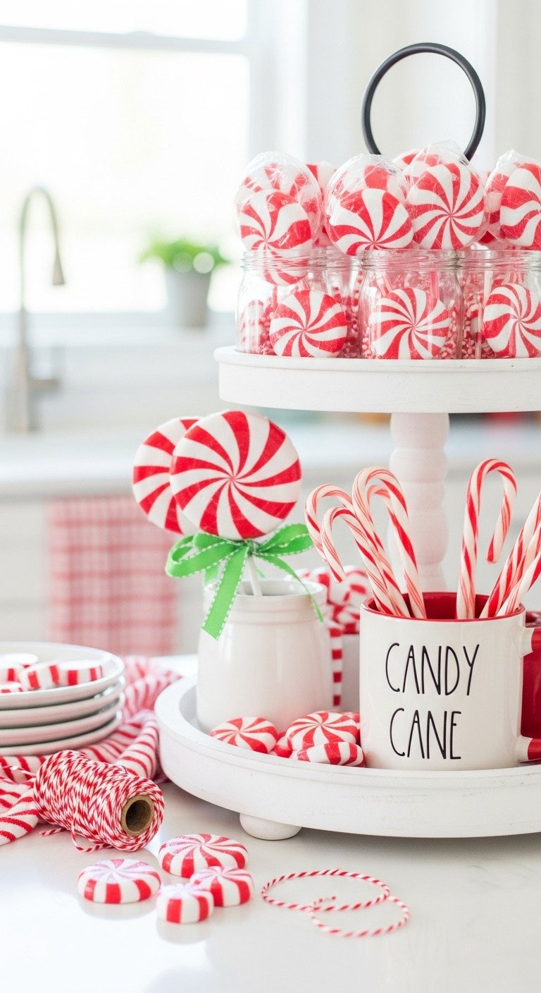 Bright white tiered tray, peppermint candy cane theme. Features lollipop, mini candy canes, "Candy Cane Lane" mug. Festive holiday decor.