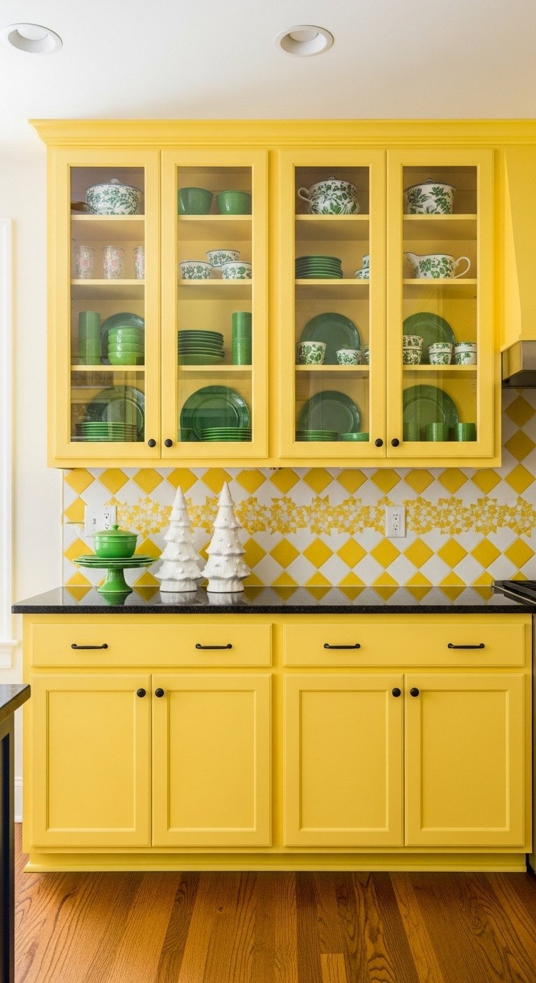 Brilliant yellow kitchen cabinets with green and white dishes and ceramic Christmas trees on black counter