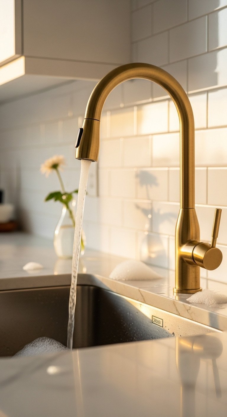 Smart White Apartment Kitchen Ideas To Maximize Style And Space 9 Brushed brass high-arc gooseneck faucet over an undermount stainless steel sink on white marble countertop.