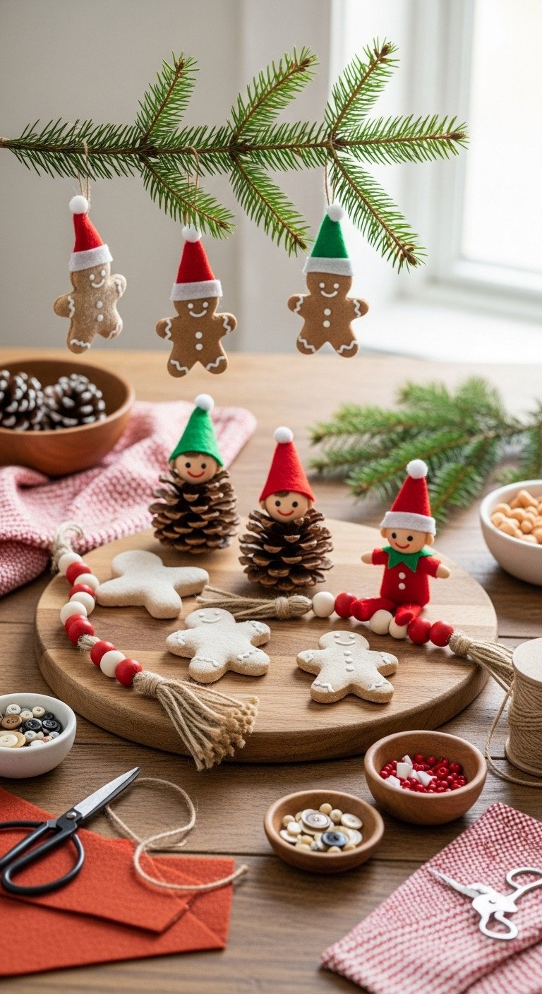 Budget DIY North Pole ornaments: salt dough gingerbread, pinecone elves, and bead garlands on a rustic board with craft supplies.