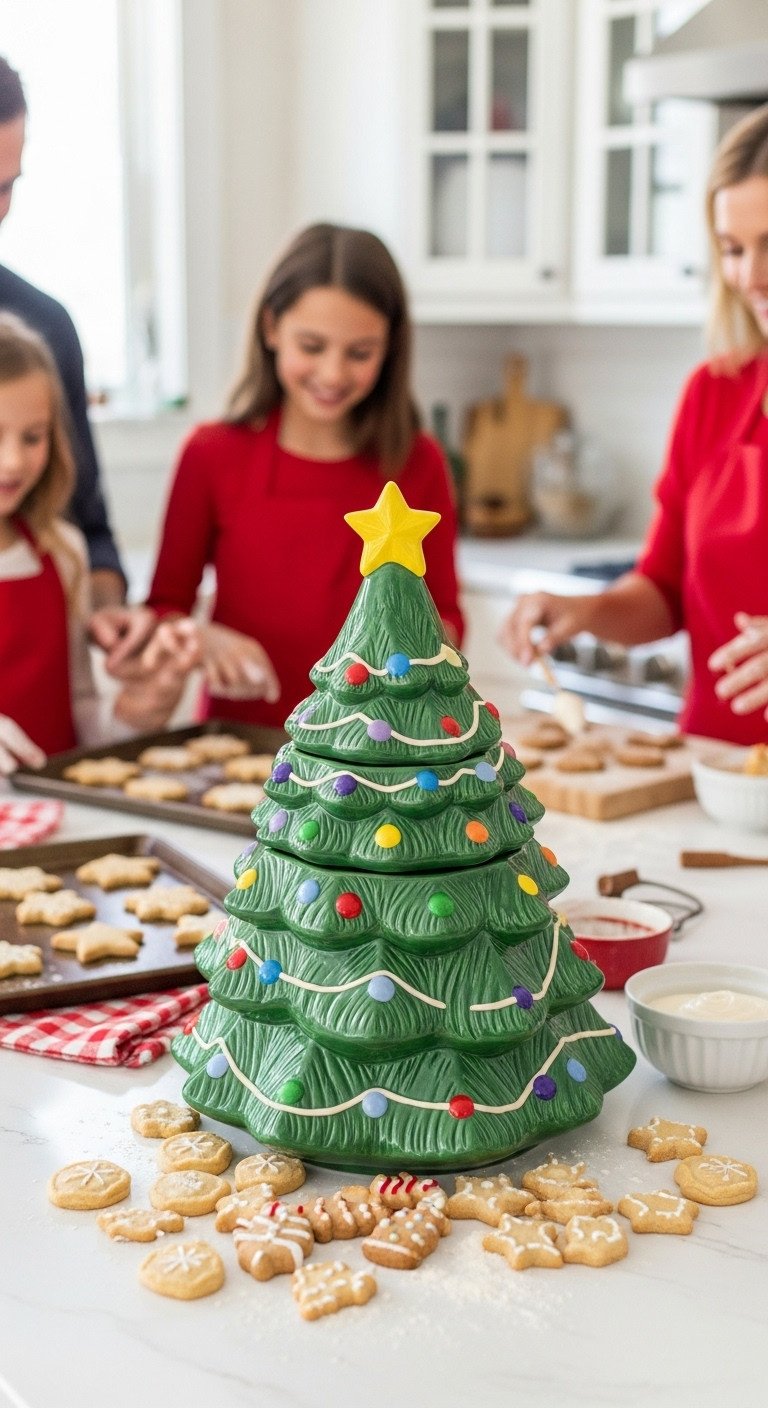 Bustling family kitchen with a large Christmas tree cookie jar overflowing with homemade holiday cookies on a kitchen island