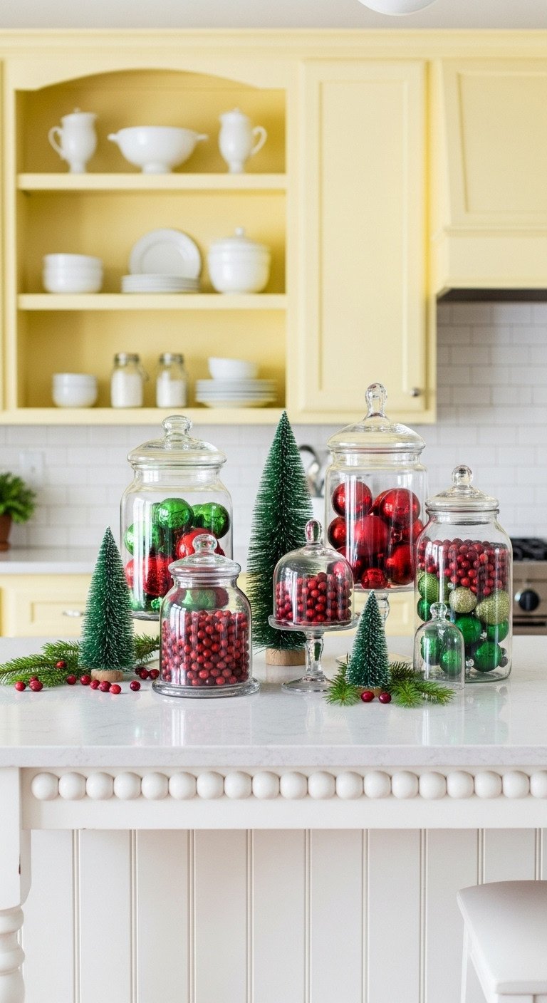 Butter yellow kitchen island with holiday cheer in jars featuring ornaments cranberries and bottlebrush trees
