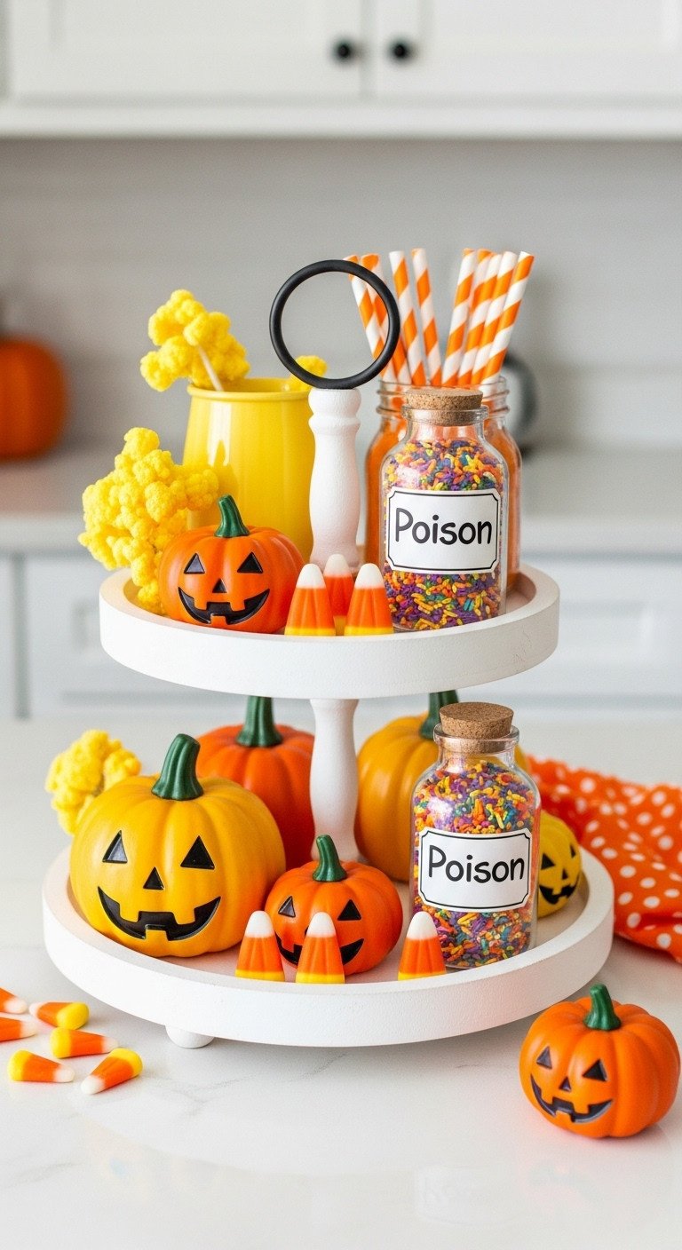 Candy Corn Carnival tiered tray with glowing candy corn grinning pumpkins a poison bottle and colorful sprinkles