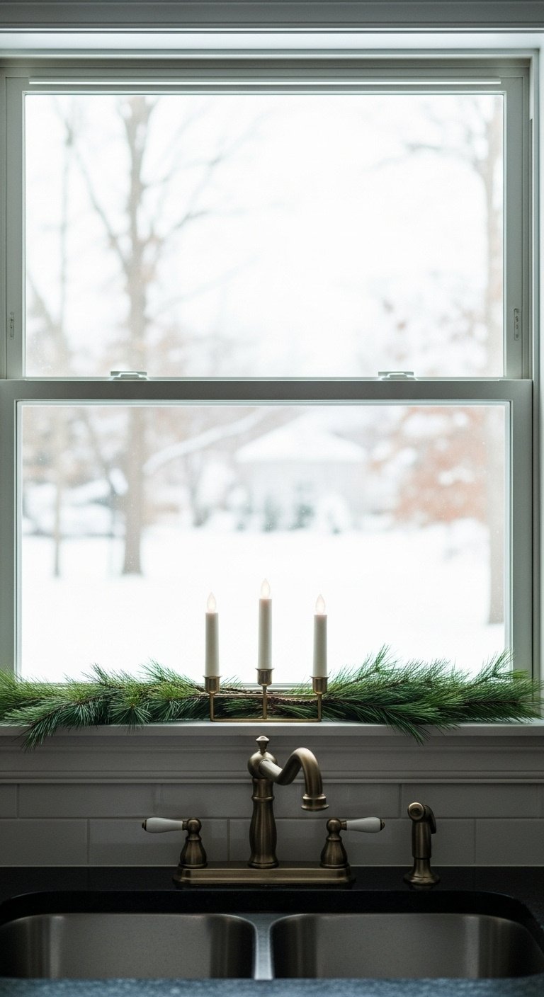 Charming Christmas kitchen counter with vintage Santa cookie jar, Christmas tree shakers, and plaid dish towel.