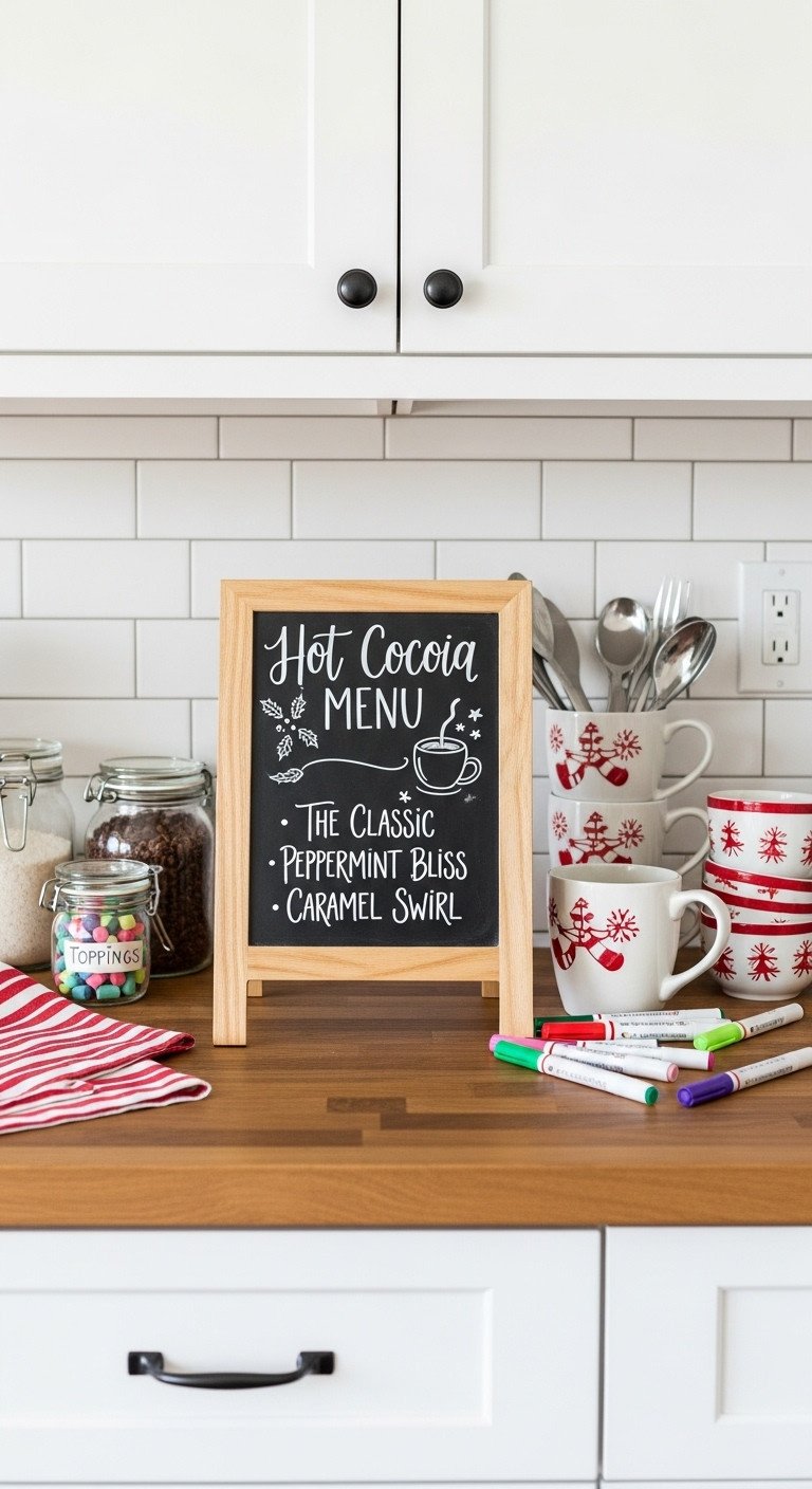 7 Christmas Kitchen Decor Hot Cocoa Bar Ideas For A Cozy Home 9 Charming DIY chalkboard hot cocoa menu with menu options on a kitchen counter with toppings