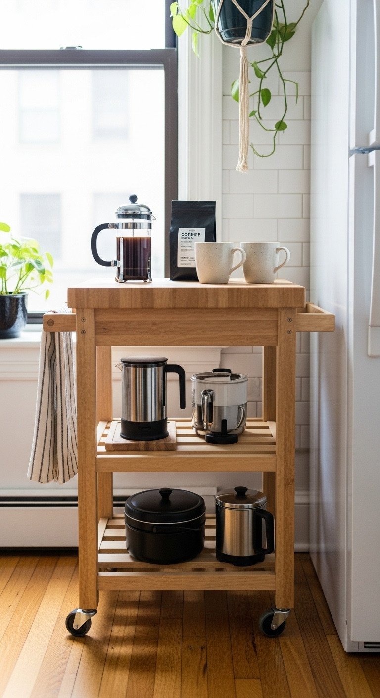 Charming NYC kitchen nook with a rolling butcher block coffee cart, French press, coffee beans, mugs, and decor.