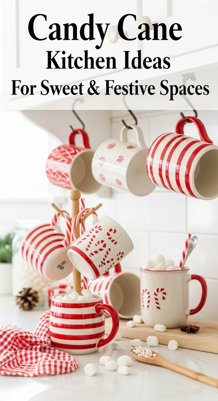 Charming candy cane themed mugs with stripes and shaped handles hanging from hooks in a festive red/white kitchen display.
