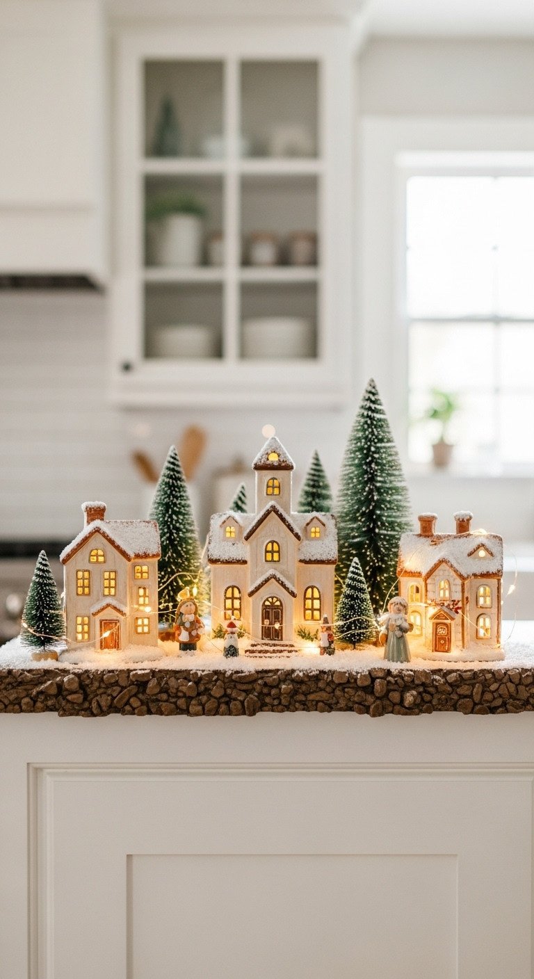 Charming farmhouse Christmas village with illuminated ceramic houses, bottle brush trees, and faux snow on a white kitchen cabinet.