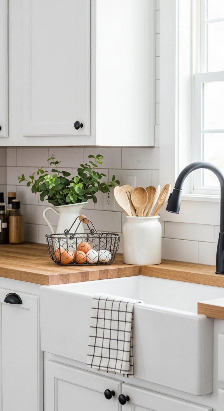 Charming farmhouse kitchen with an apron sink, fresh eggs, wooden spoons, and a checked dish towel on a butcher block counter.