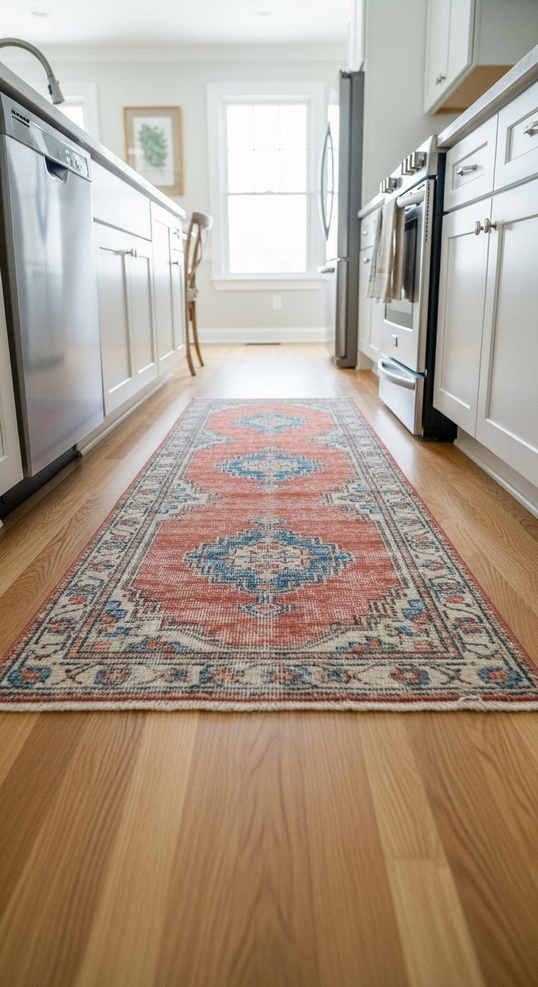 13 Brilliant Galley Kitchen Ideas To Maximize Your Space 5 Charming galley kitchen featuring a long vintage terracotta and blue runner rug on light oak wood floor, framed by white cabinets.
