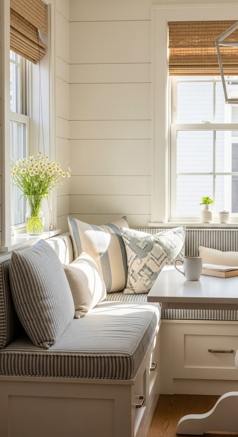 Charming kitchen breakfast nook with cream L-shaped banquette, blue striped cushions, white table, and daisies. Coastal farmhouse style.