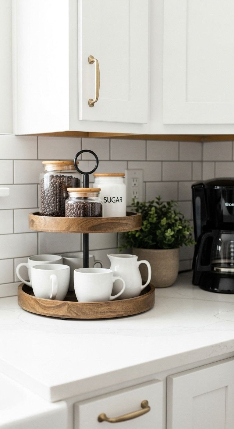 Effortless Farmhouse Kitchen Ideas For Any Apartment 15 Charming kitchen coffee nook with a two-tiered rustic wood tray organizing mugs and a coffee maker on a white quartz countertop. Home decor.