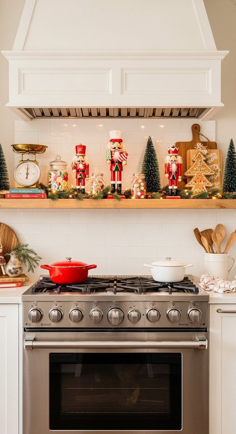 Charming kitchen mantelpiece above an oven with baker nutcrackers, faux evergreen trees, candy jars, and warm LED lights. Festive Christmas display.
