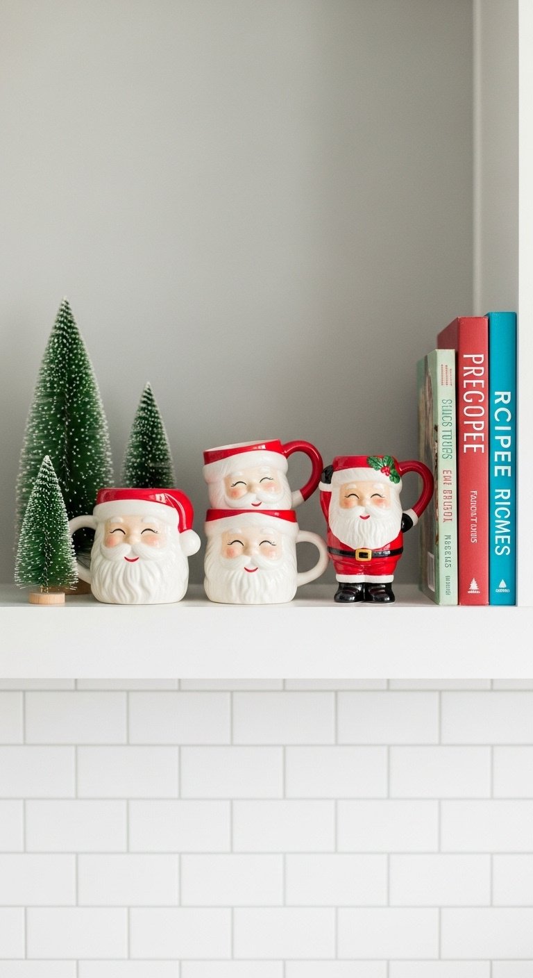 Charming kitchen shelf with vintage Santa Claus mugs, green bottle brush trees, and festive recipe books, bright daylight.
