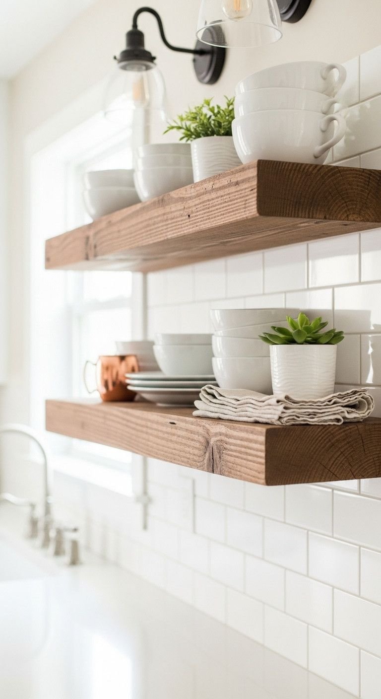 9 Genius Small Kitchen Layouts That Maximize Every Inch 9 Charming kitchen with rustic wood open shelves on subway tile, styled with white dinnerware and green succulents.