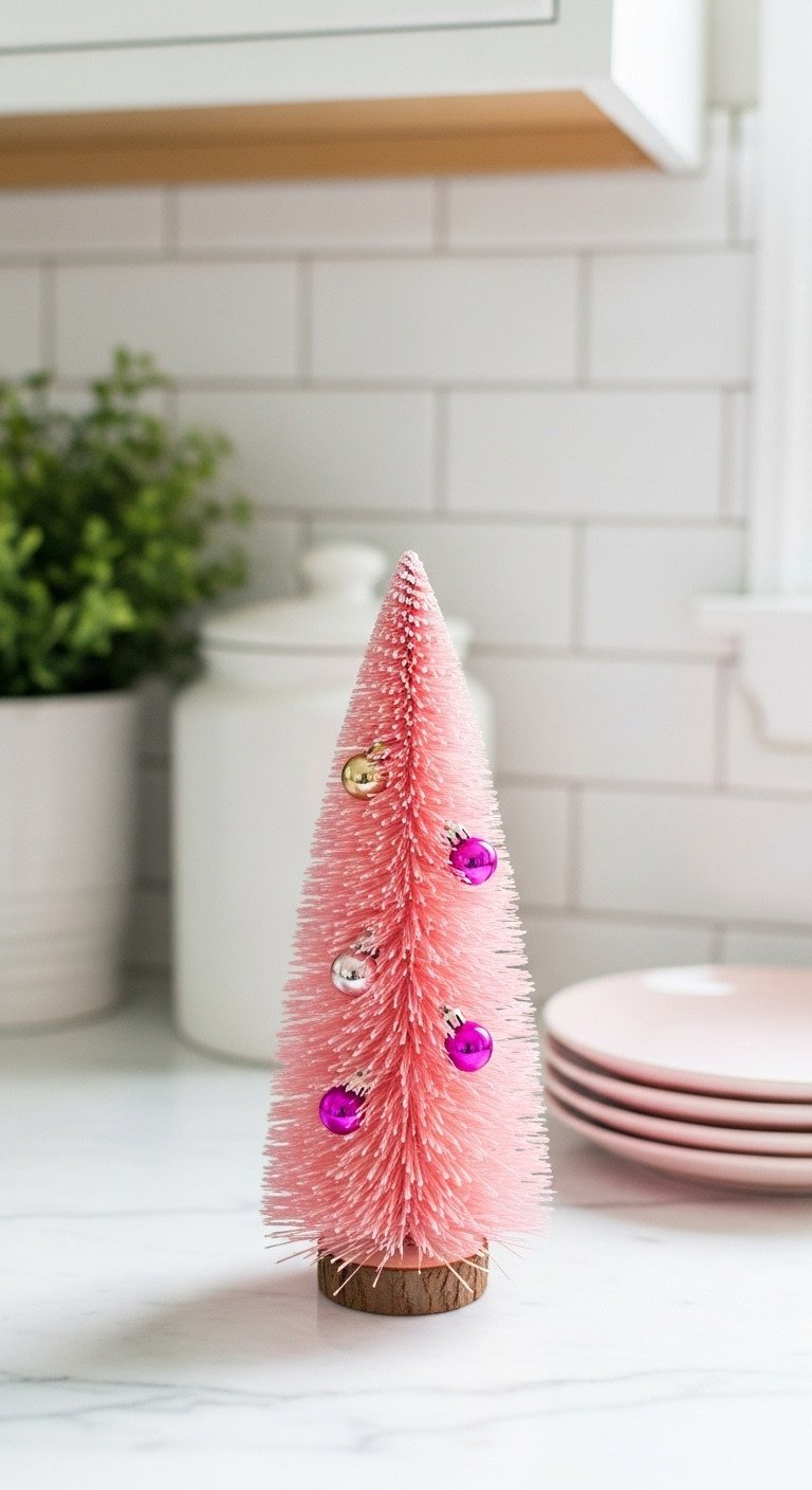Charming pastel pink Christmas tree with magenta and gold ornaments on a white marble kitchen countertop
