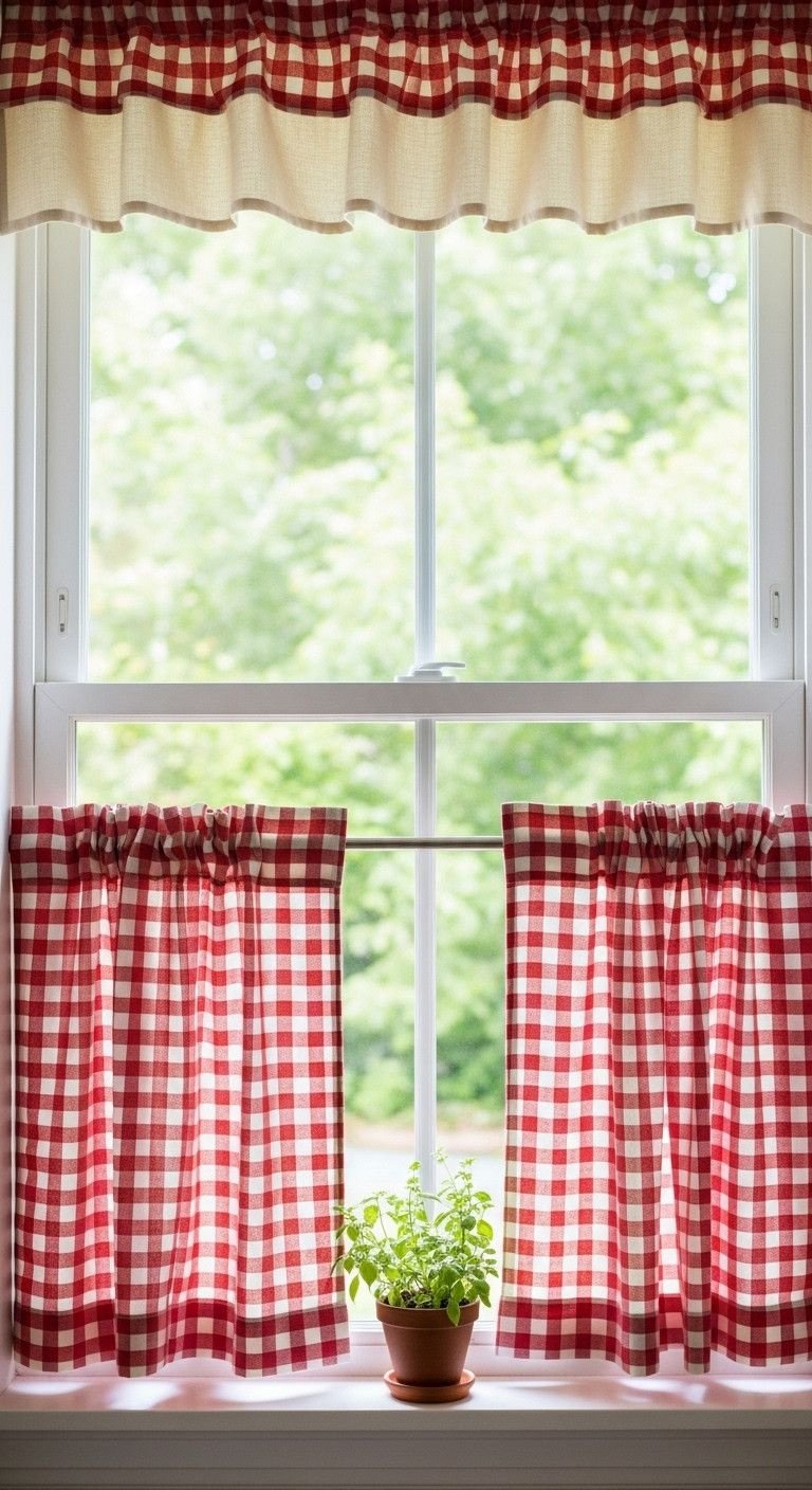 13 Charming Vintage Apartment Kitchen Ideas For Renters 8 Charming red and white gingham cafe curtains in a sunny kitchen window with a potted herb, filtering bright daylight, home decor.