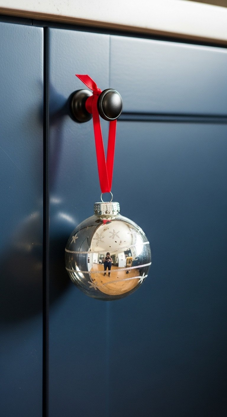 Charming silver mercury glass ornament red ribbon modern black cabinet knob navy blue kitchen festive decor bright daylight