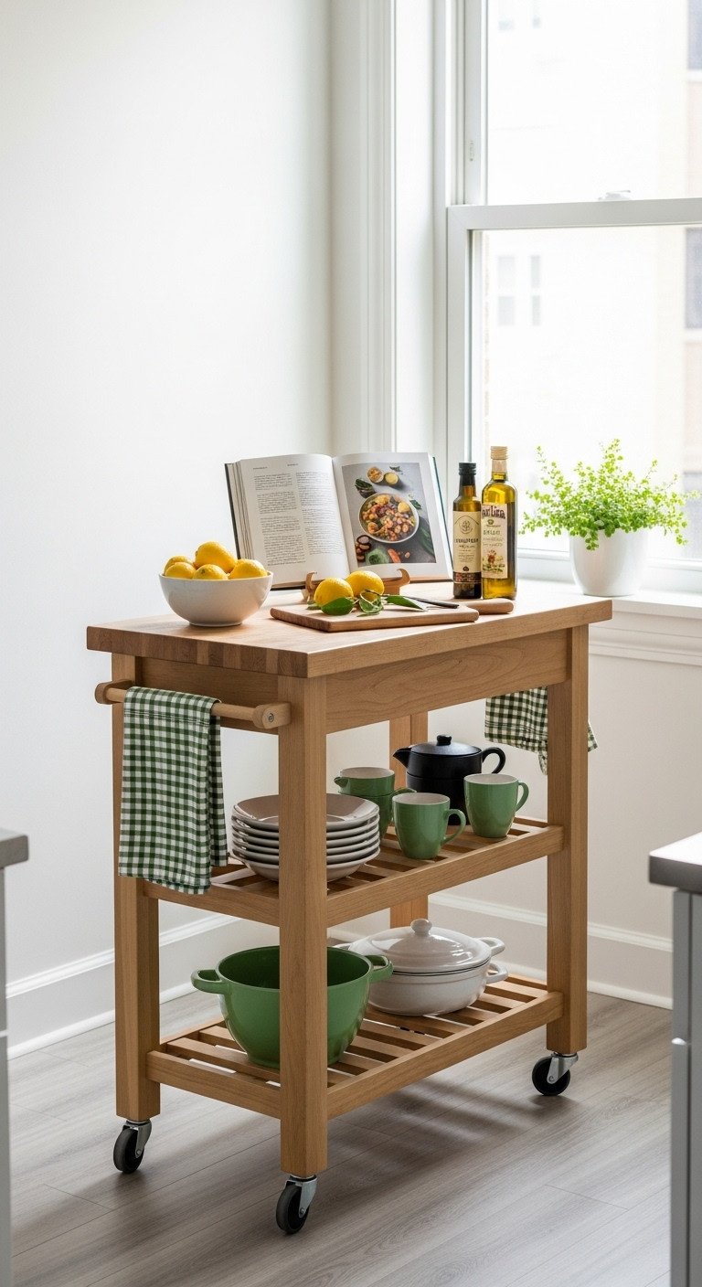 Charming small apartment kitchen with a wooden rolling kitchen island cart featuring a butcher block top, lemons, cookbook, and olive oil