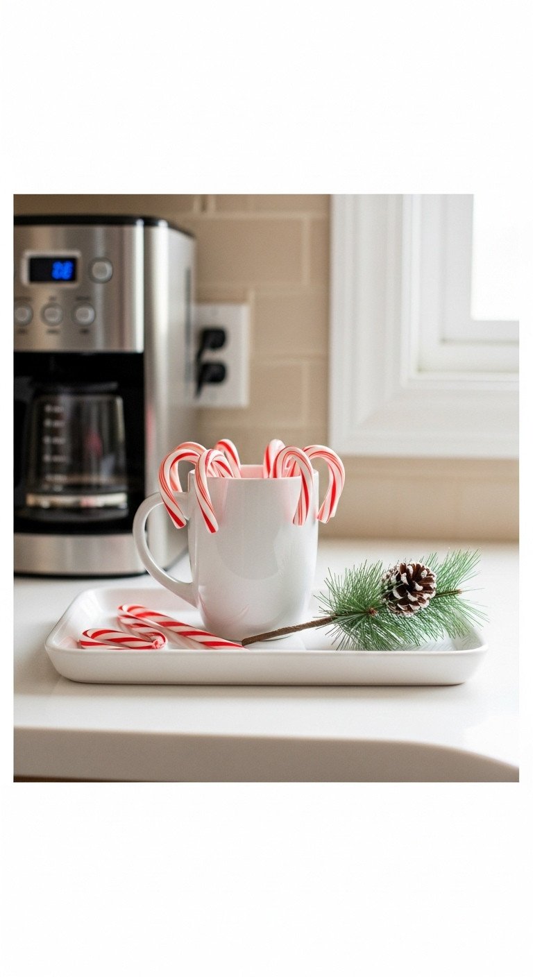 Cheerful Christmas kitchen with simple tray candy canes mug and pine sprig next to coffee maker