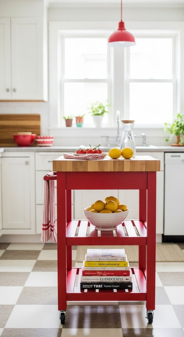 13 Charming Vintage Apartment Kitchen Ideas For Renters 18 Cheerful cherry red rolling kitchen cart with butcher block top, holding lemons and cookbooks, in a small apartment kitchen.