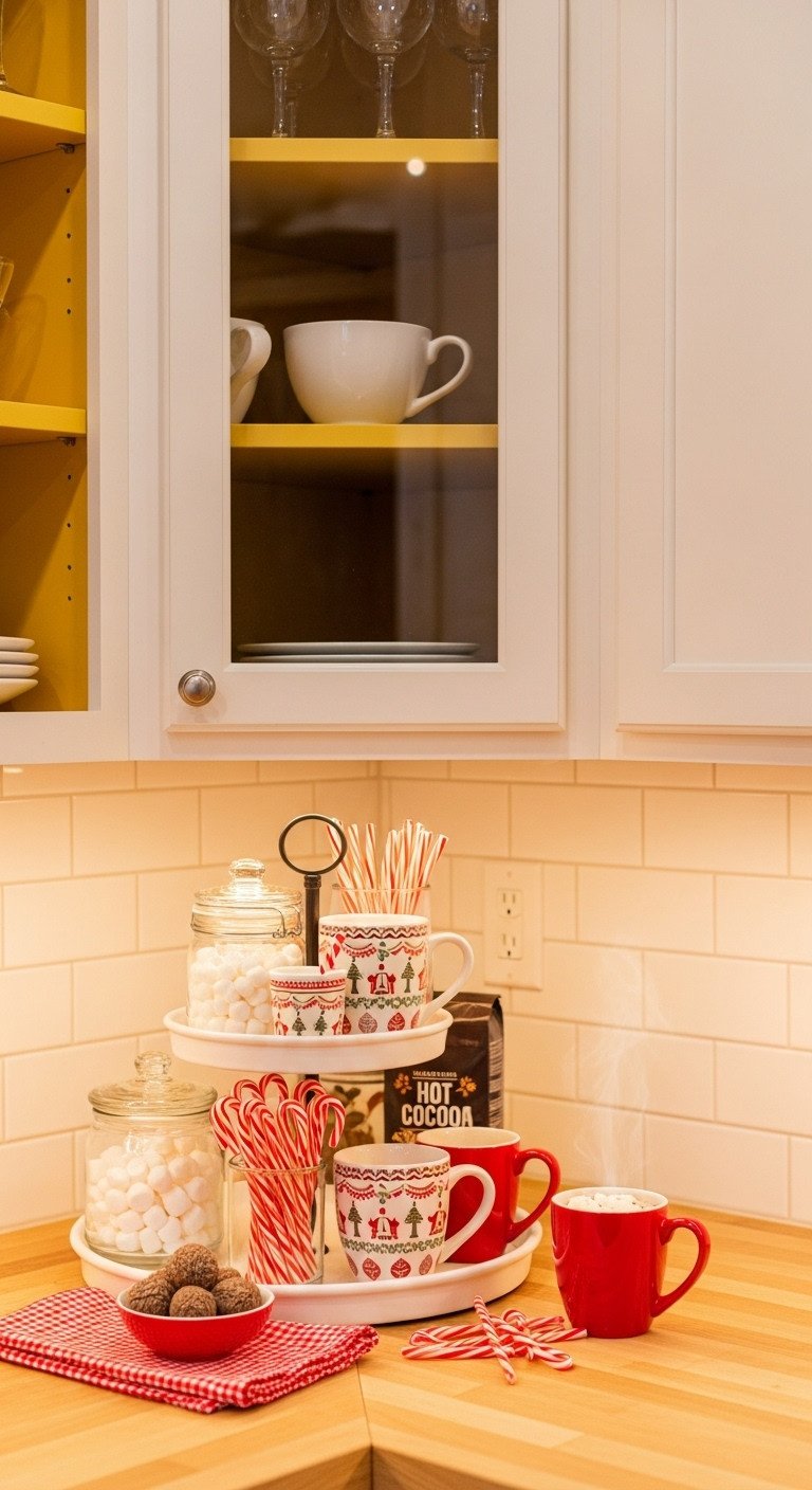 Cheerful hot chocolate station in a yellow and white kitchen with festive mugs and marshmallows Christmas decor