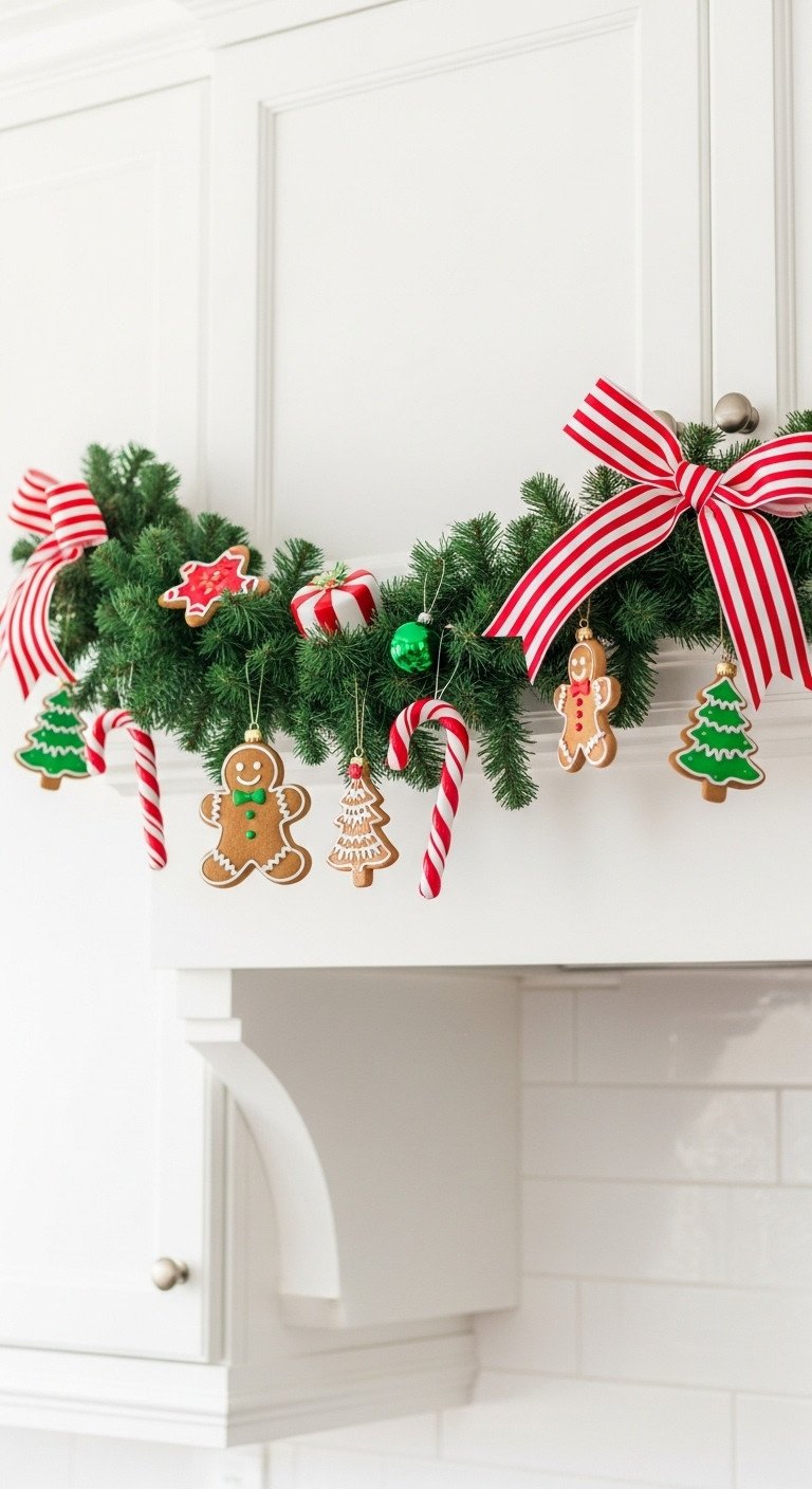 Cheerful kitchen whimsical Christmas decor above cabinets green garland gingerbread cookies candy canes red white ribbon