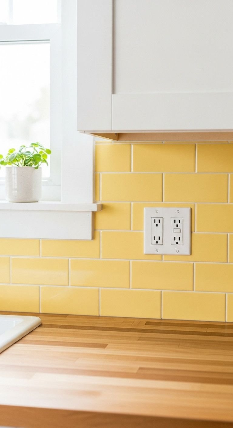 13 Charming Vintage Apartment Kitchen Ideas For Renters 3 Cheerful pastel butter yellow peel-and-stick subway tile backsplash with glossy finish, white wall, butcher block counter, DIY kitchen.